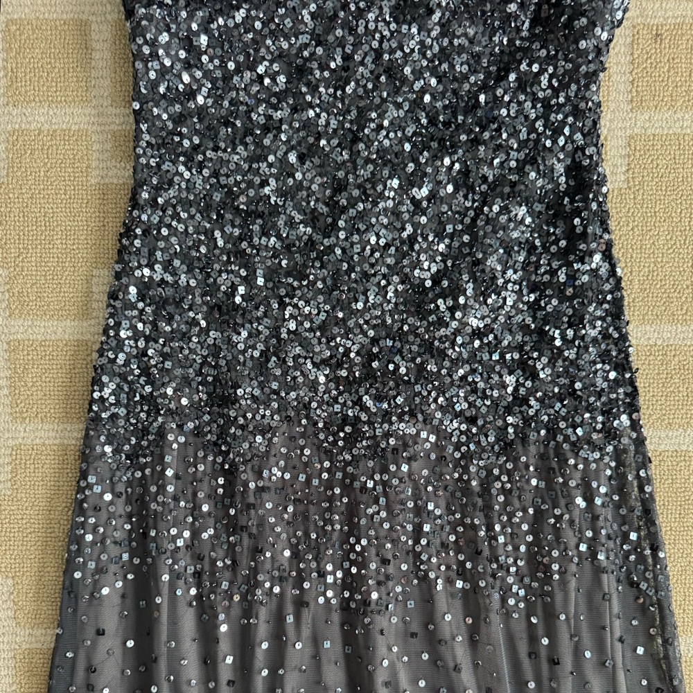 Nightway Sequined Halter Formal Gown Charcoal Gray Mesh Maxi Prom Dress 8 - Picture 11 of 14